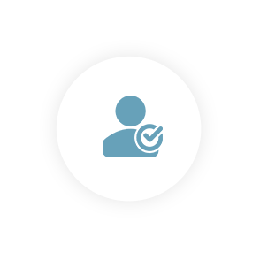 Blue person and tick logo in a white circle