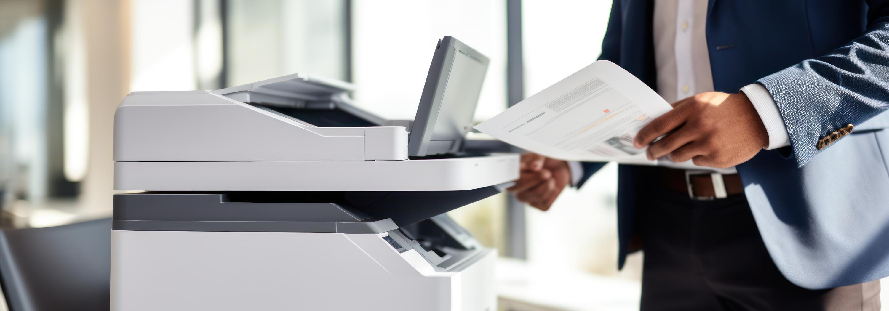 man holding paper using a printer/copier