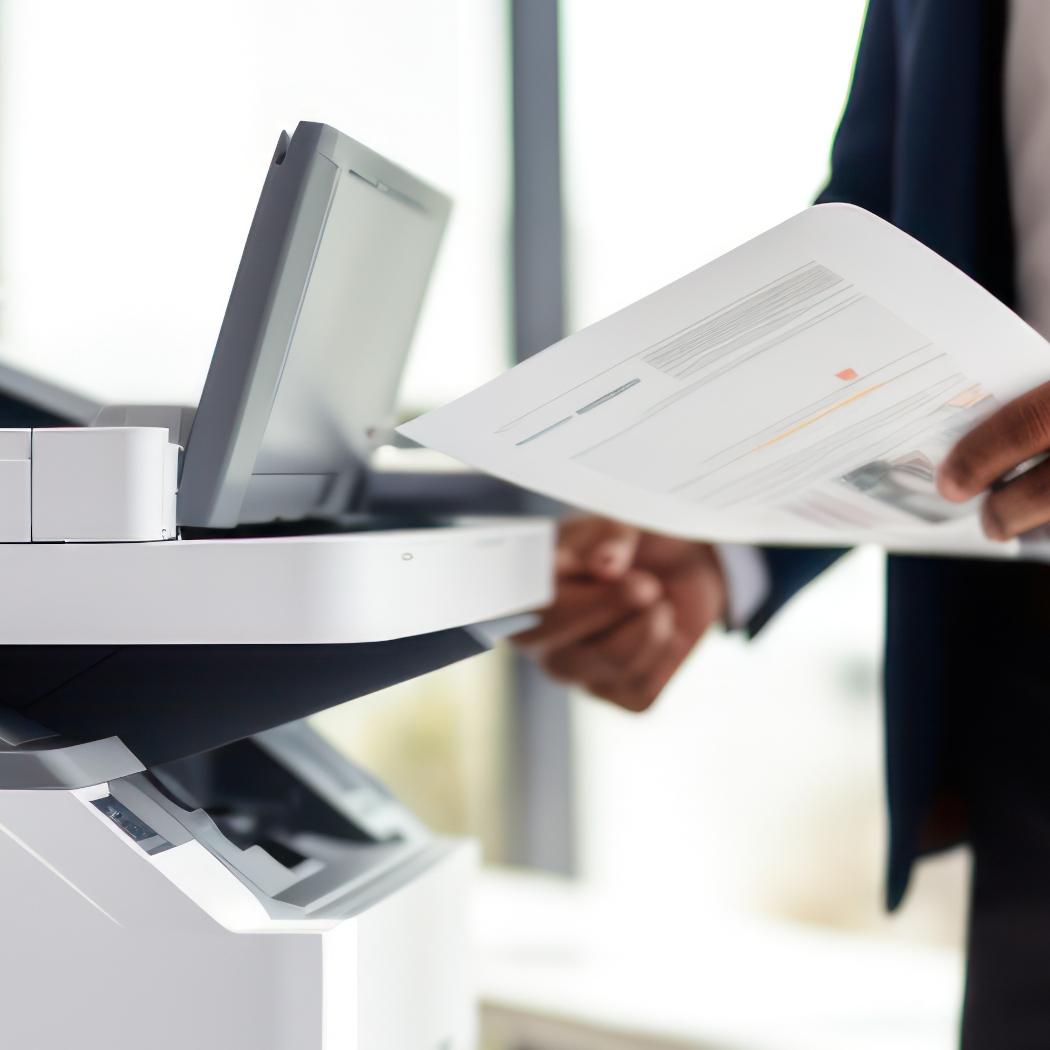 man holding paper using a printer/copier