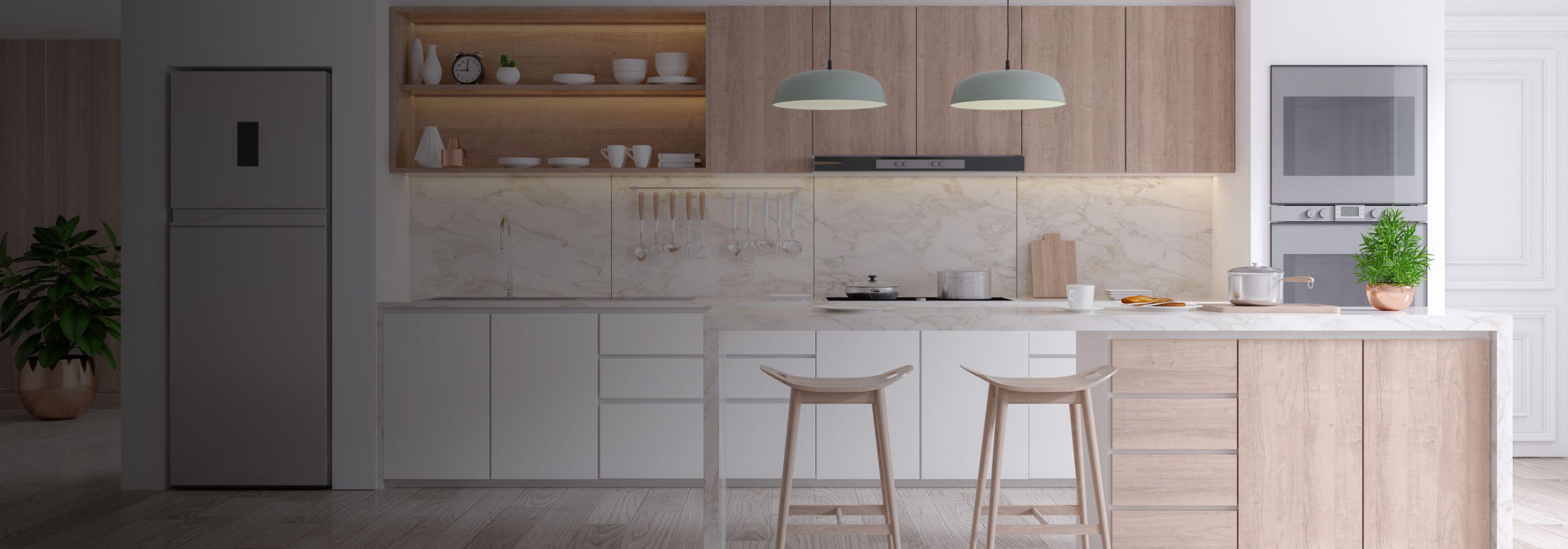 Modern white kitchen with birch wood accents and an in-built futuristic fridge