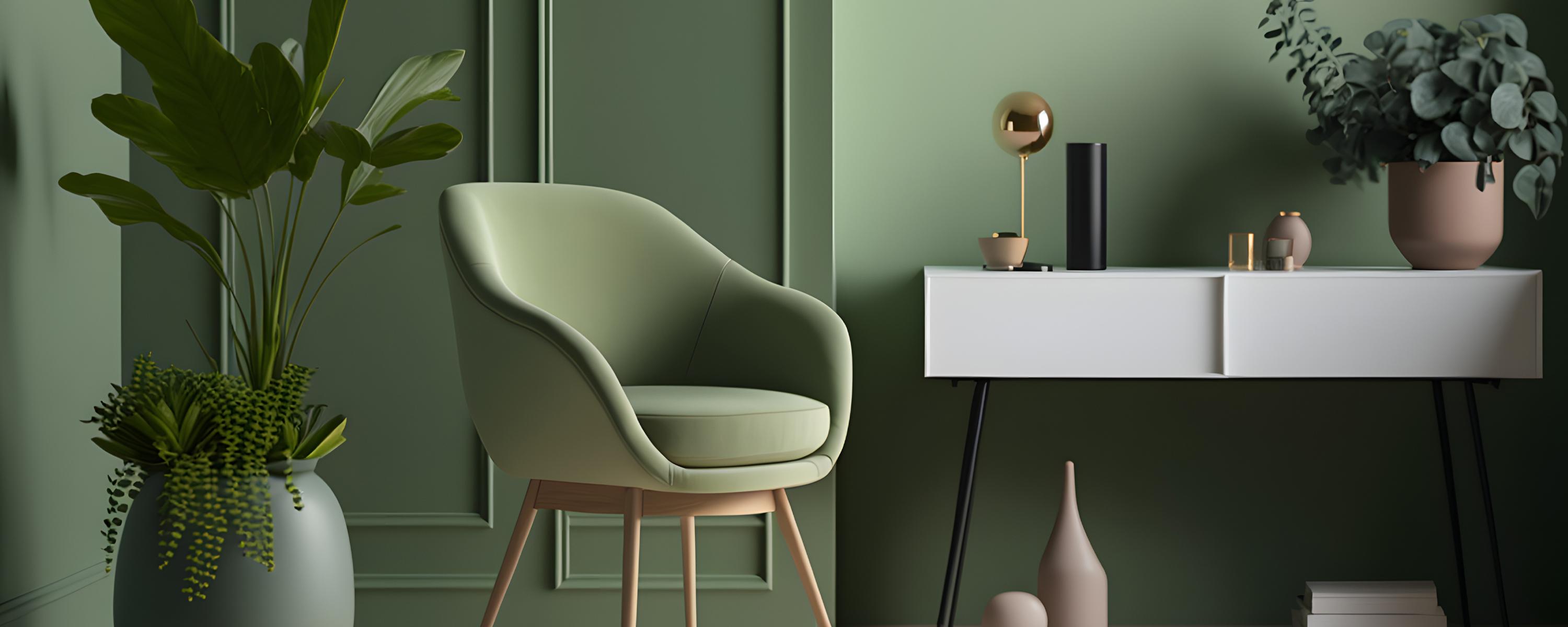 Beautiful green painted wall with complimenting green and earth-tone furnishings