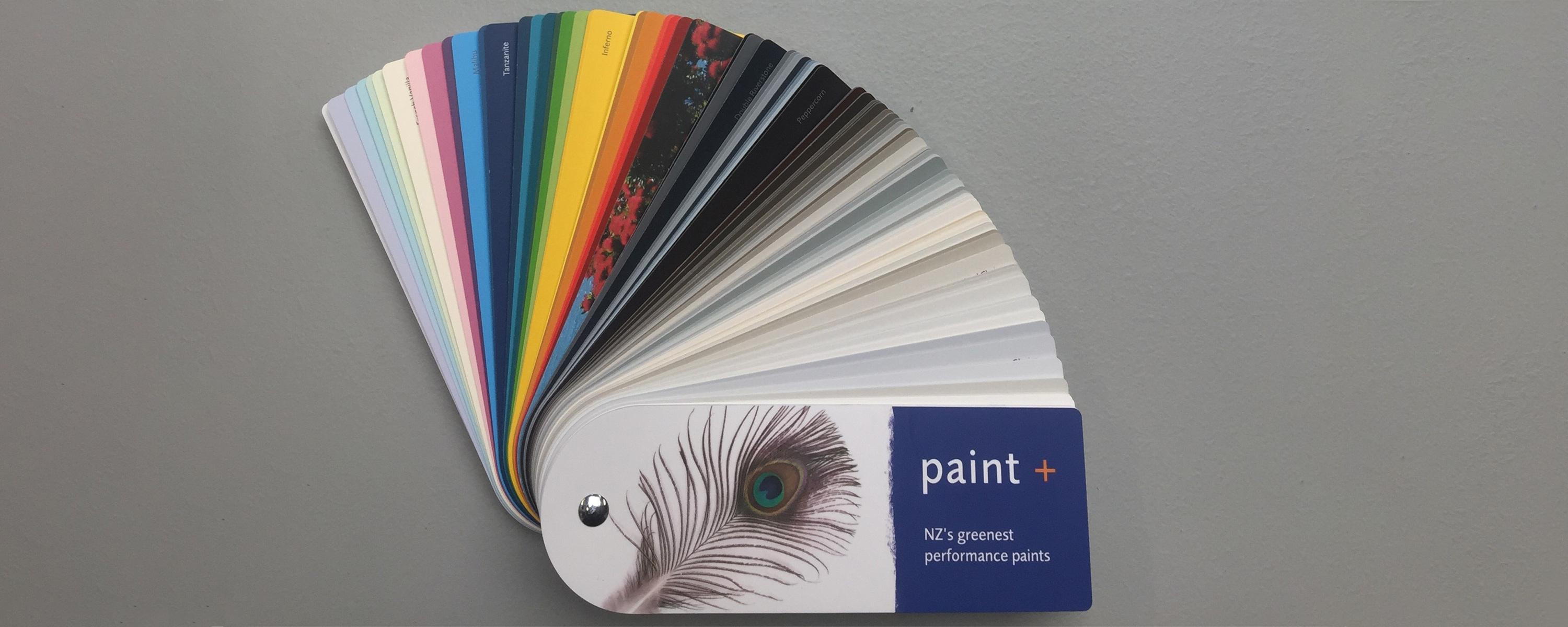 Paint+ sample cards with all kinds of solid colours, patterns, and designs
