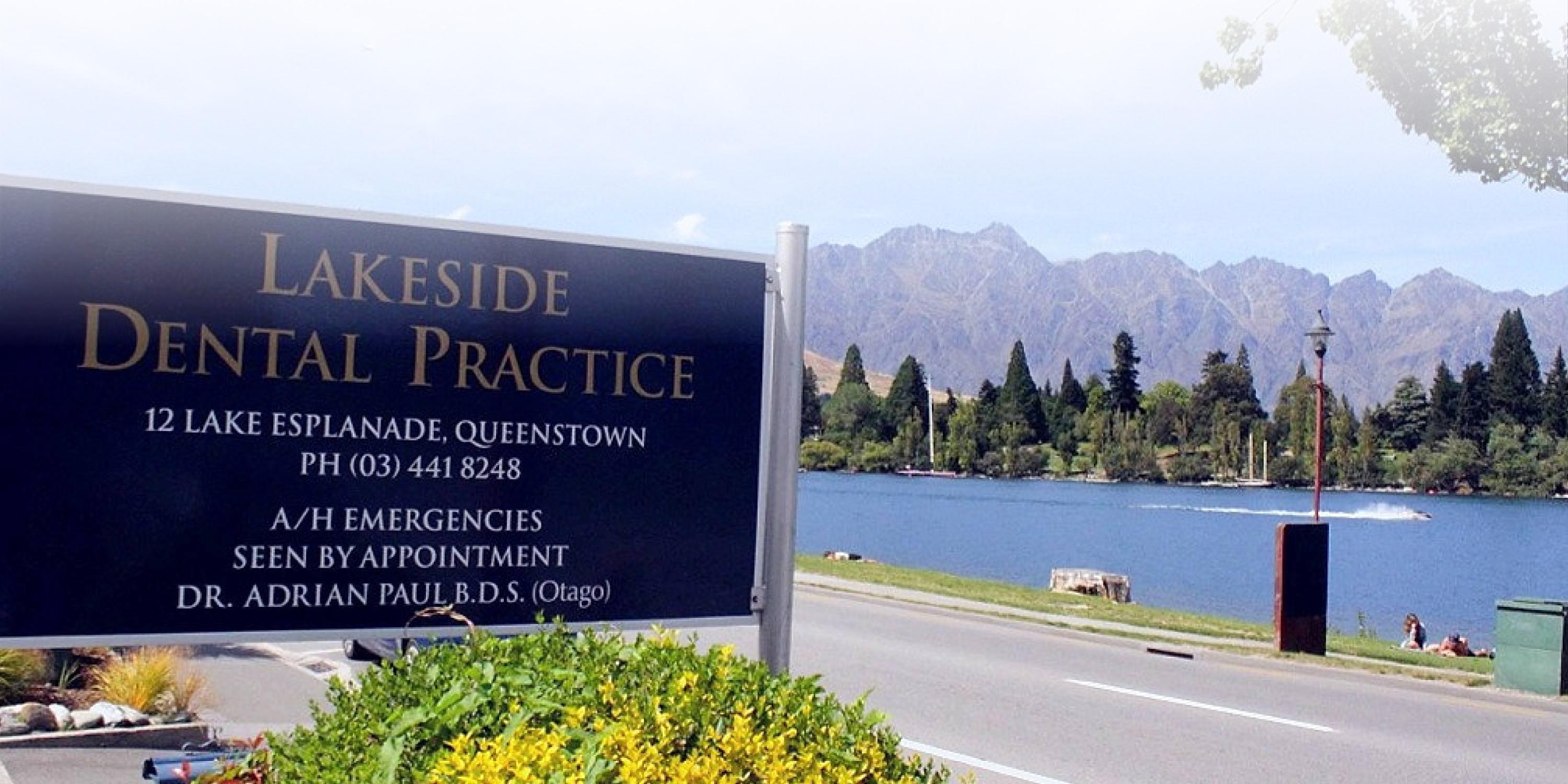 Lakeside Dental Practice sign beside the Lake in Queenstown