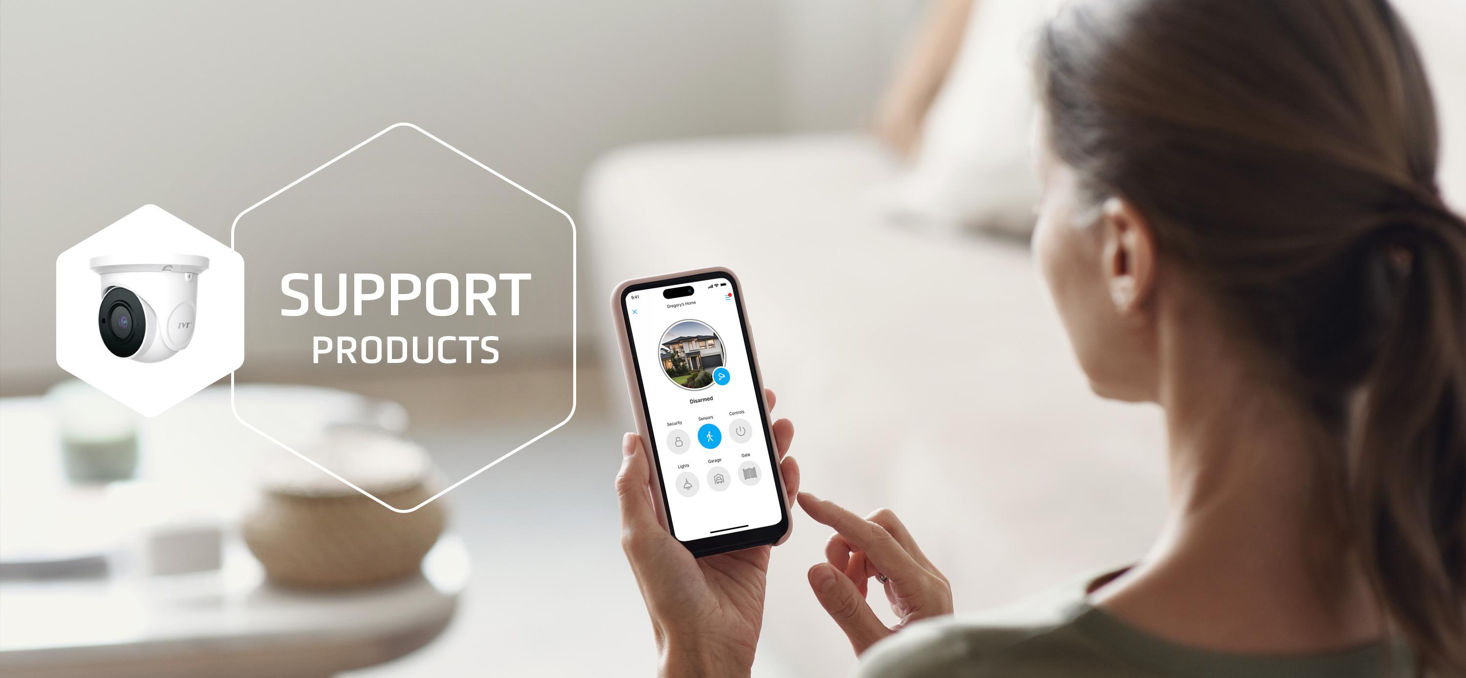 Support products from Home Security Systems - woman looking at phone