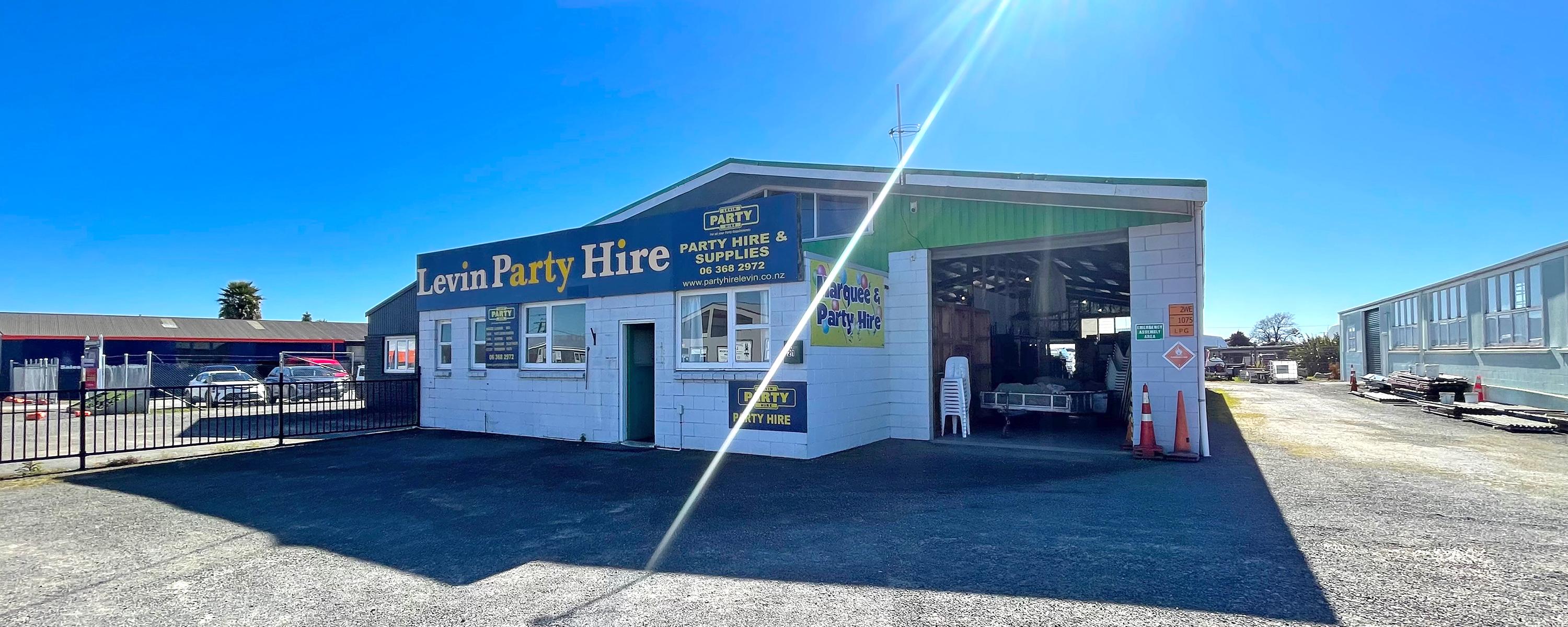 Levin Party Hire Building on a sunny day located at 21 Prouse Street, Levin, Horowhenua | Marquee Hire Horowhenua, Birthday Equipment Hire Levin, Kapiti