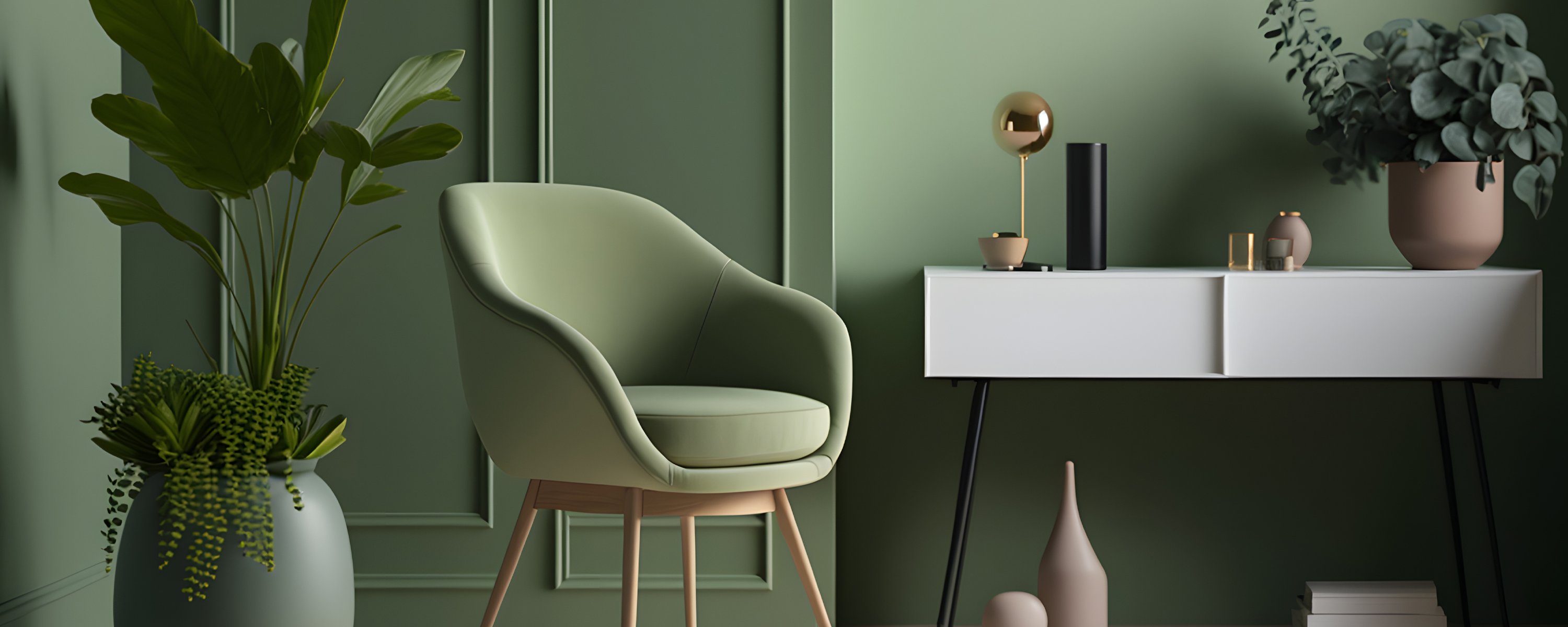 Beautiful green painted wall with complimenting green and earth-tone furnishings