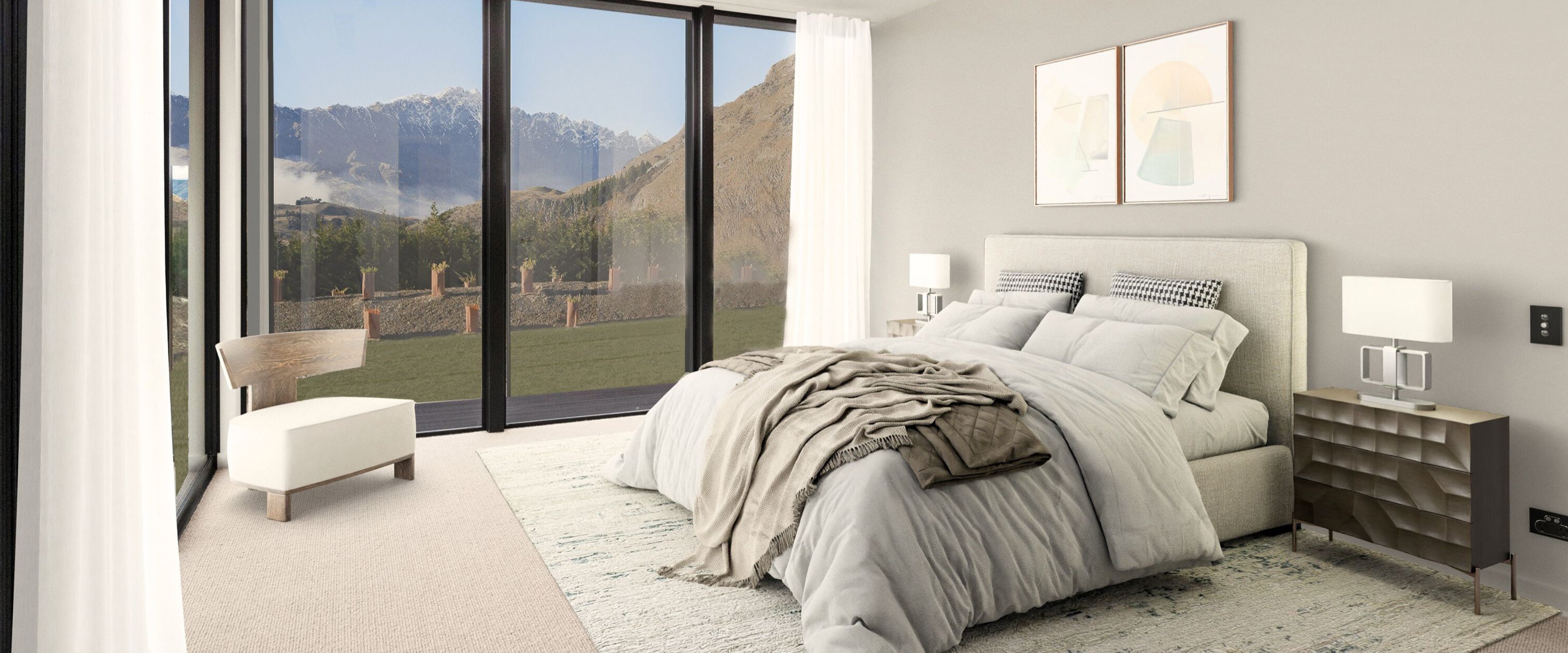 Luxury bedroom with floor to ceiling glass sliding doors and a few of a grass yard with snowy mountain tops in the background view | Painter Decorator Queenstown, Central Otago