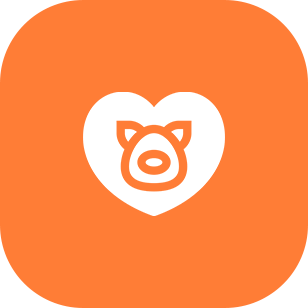 Orange square with a white heart and orange outline of a piglet