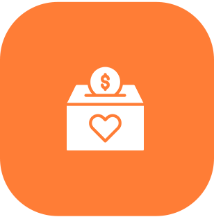 Orange square with a white donation box and a coin