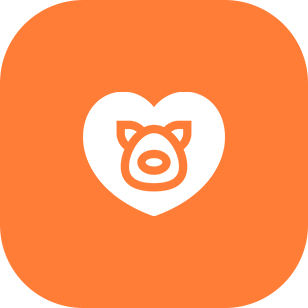 Orange square with a white heart and orange outline of a piglet