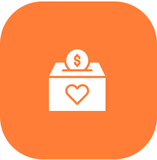 Orange square with a white donation box and a coin