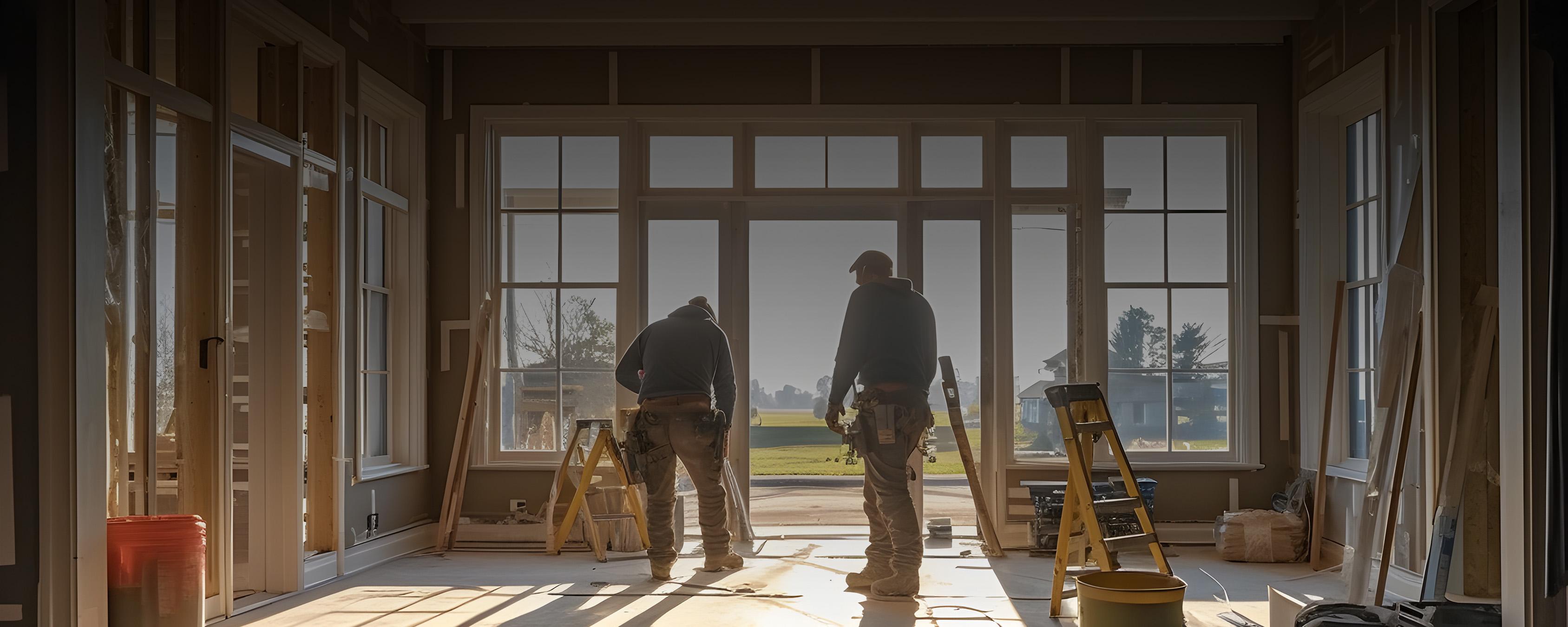 Two builders pictured inside a home that only has walls and windows installed, sun is beaming through the open door | Building and Electrical Services Hawke's Bay