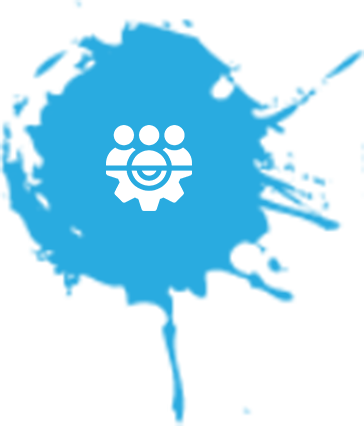 A white gear with three little people on top in a blue paint splash