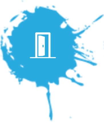 White door logo in a blue paint splash