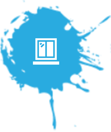 White window logo in a blue paint splash