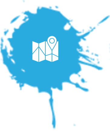 White map with a location marker in a blue paint splash