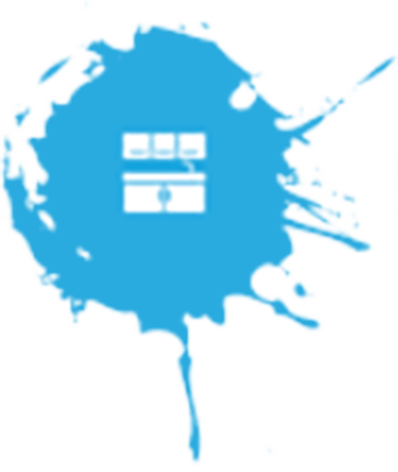 White kitchen cabinetry logo in a blue paint splash