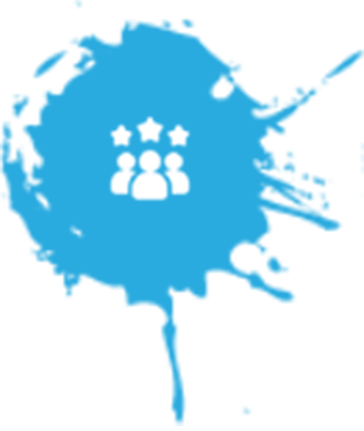 Three white stars above people in a blue paint splash