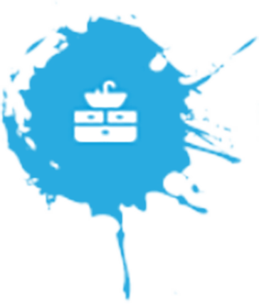 White bathroom basin logo in a blue paint splash