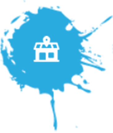 White store logo in a blue paint splash