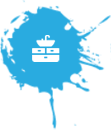 White bathroom basin logo in a blue paint splash