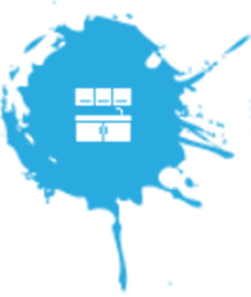 White kitchen cabinetry logo in a blue paint splash
