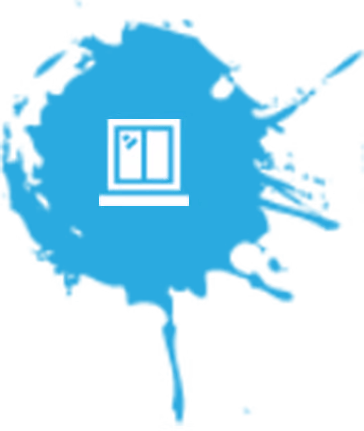 White window logo in a blue paint splash