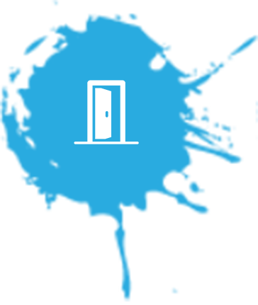 White door logo in a blue paint splash