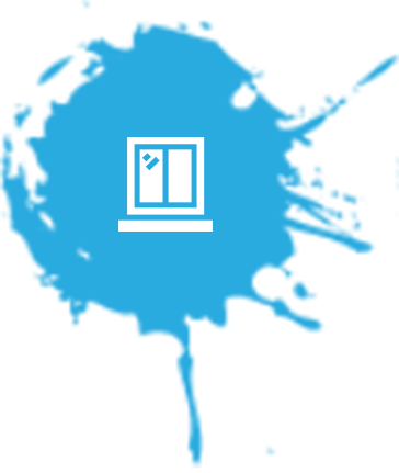 White window logo in a blue paint splash