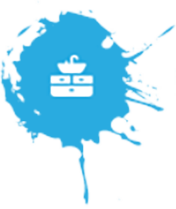 White bathroom basin logo in a blue paint splash