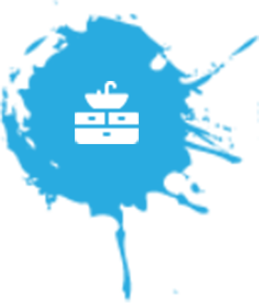 White bathroom basin logo in a blue paint splash