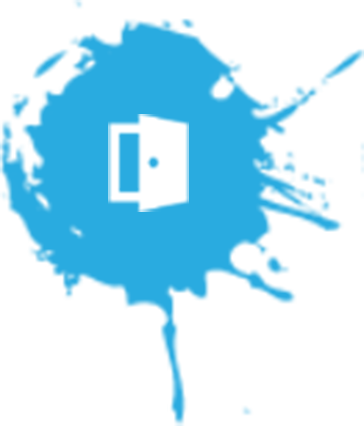 White opening door logo in a blue paint splash