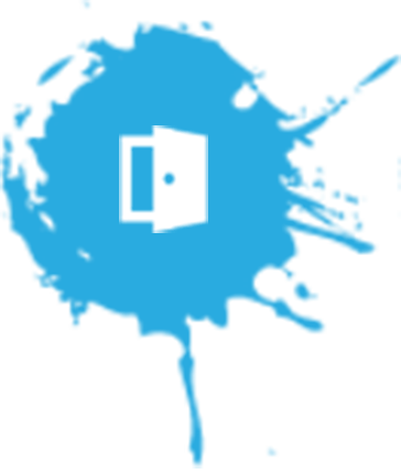 White opening door logo in a blue paint splash
