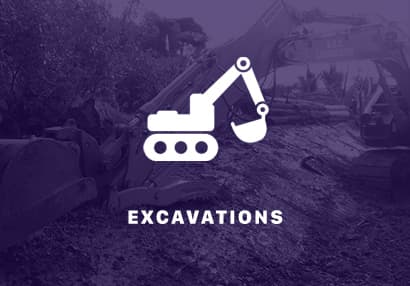 Excavations text with a white digger and an excavation site and heavy machinery in the background