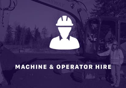 Machine & Operator hire text with a ABC Excavations and landscapes worker standing next to a digger in the background