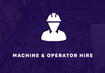 Machine & Operator hire text with a ABC Excavations and landscapes worker standing next to a digger in the background