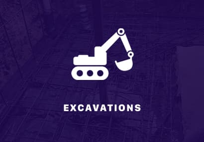 Excavations text with a white digger and an excavation site and heavy machinery in the background