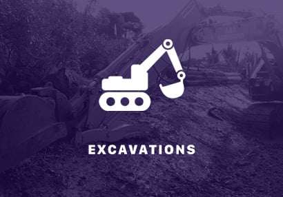 Excavations text with a white digger and an excavation site and heavy machinery in the background