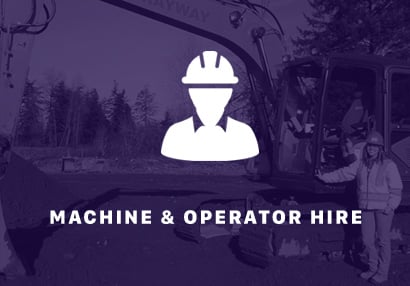 Machine & Operator hire text with a ABC Excavations and landscapes worker standing next to a digger in the background