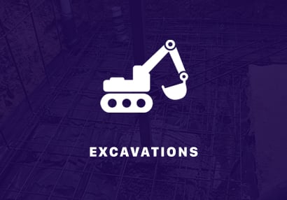 Excavations text with a white digger and an excavation site and heavy machinery in the background