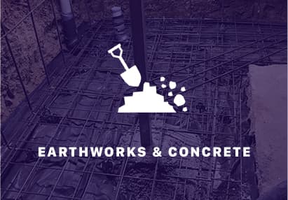 Earthworks & Concrete text and a shovel in a pile of dirt with rebar and concrete being poured in the background