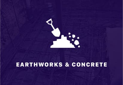 Earthworks & Concrete text and a shovel in a pile of dirt with rebar and concrete being poured in the background