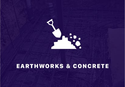 Earthworks & Concrete text and a shovel in a pile of dirt with rebar and concrete being poured in the background