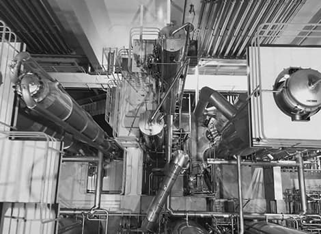 Several massive tall but thin cylinders in a dairy factory with a maze-like walkway and orange guide rails