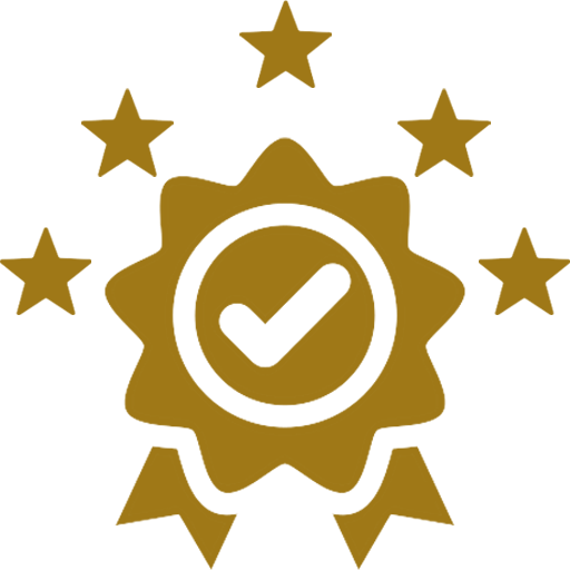 Golden certificate badge logo with a white tick and five golden stars