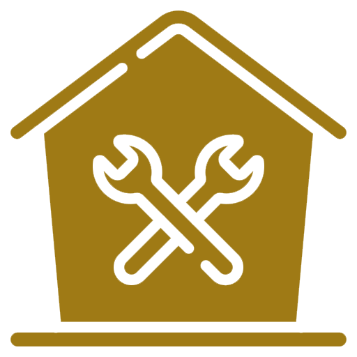 Golden house logo with two white wrenches in the middle