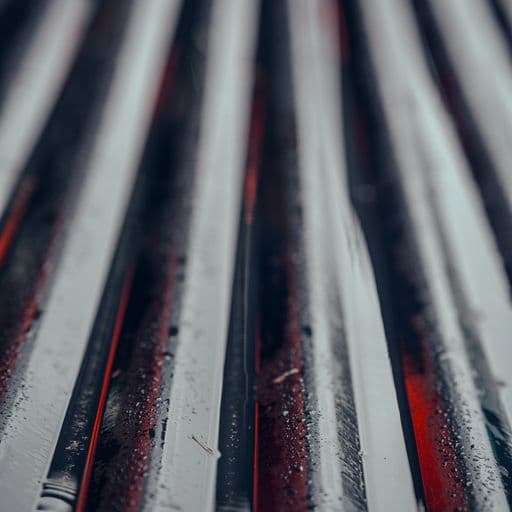 Close up of a black and red section of roof cladding with drops of rain, shining and reflecting light in the sun