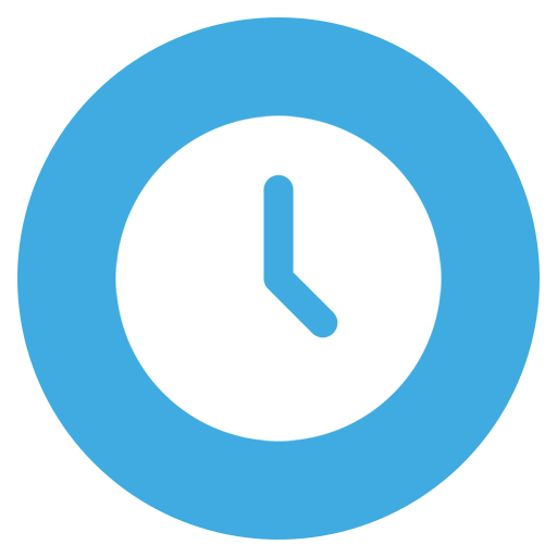 White clock logo in a blue circle
