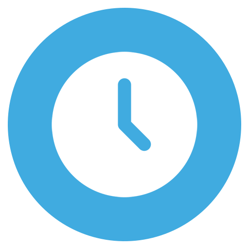 White clock logo in a blue circle