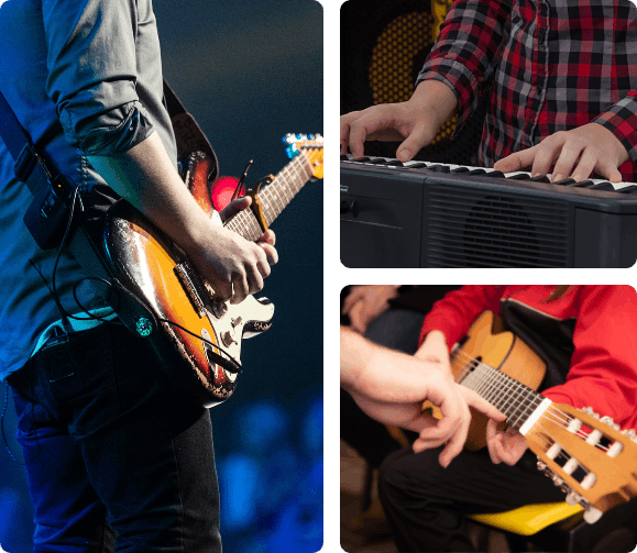 Three people at different levels of learning, playing guitars and keyboard